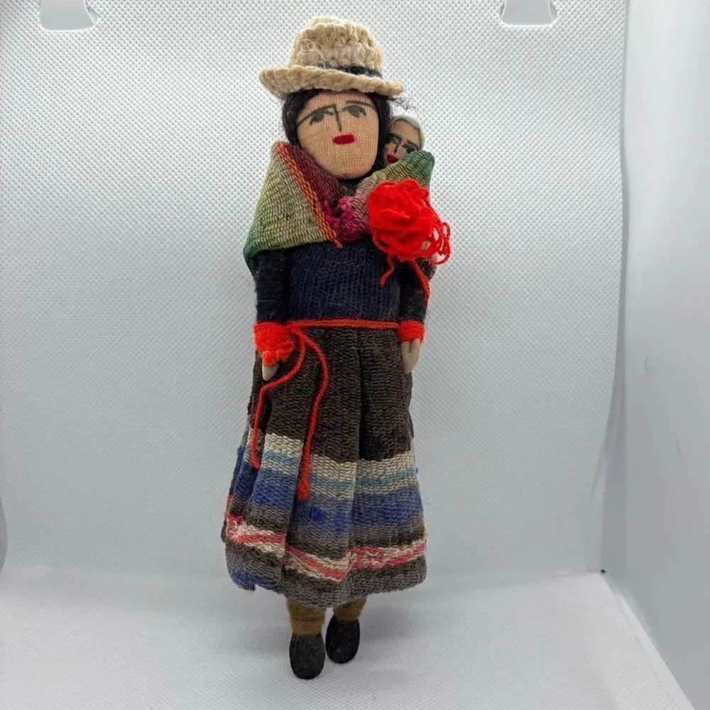 Vintage Handcrafted South American Folk Doll and baby in traditional dress.